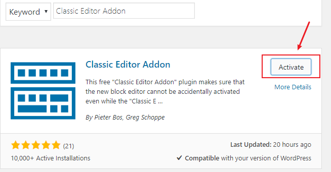 Activate Classic Editor Addon to disable Gutenberg 