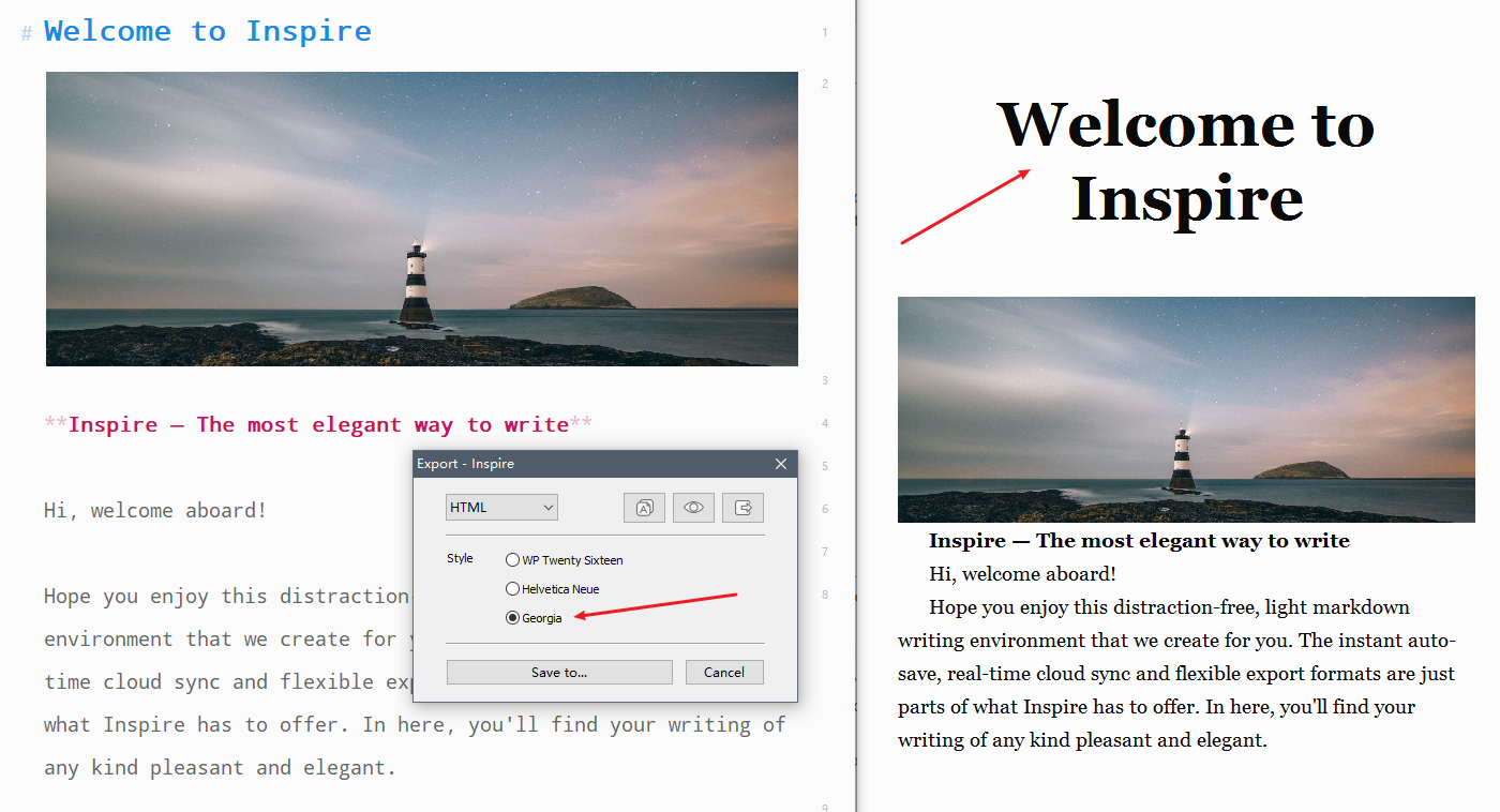 Export from Inspire Writer to a Geogia theme website