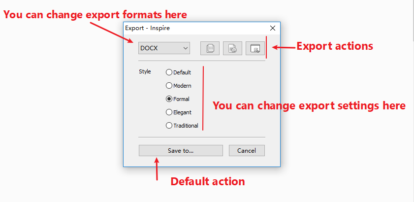 From left to right are what you can do in the export panel: you can change export formats, you can directly export, or see draft, you can change the export settings