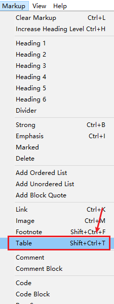 Press Shift + Ctrl + T to add a table, or click Markup > Table.