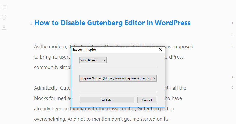 Publish your work to WordPress directly from Inspire Writer.