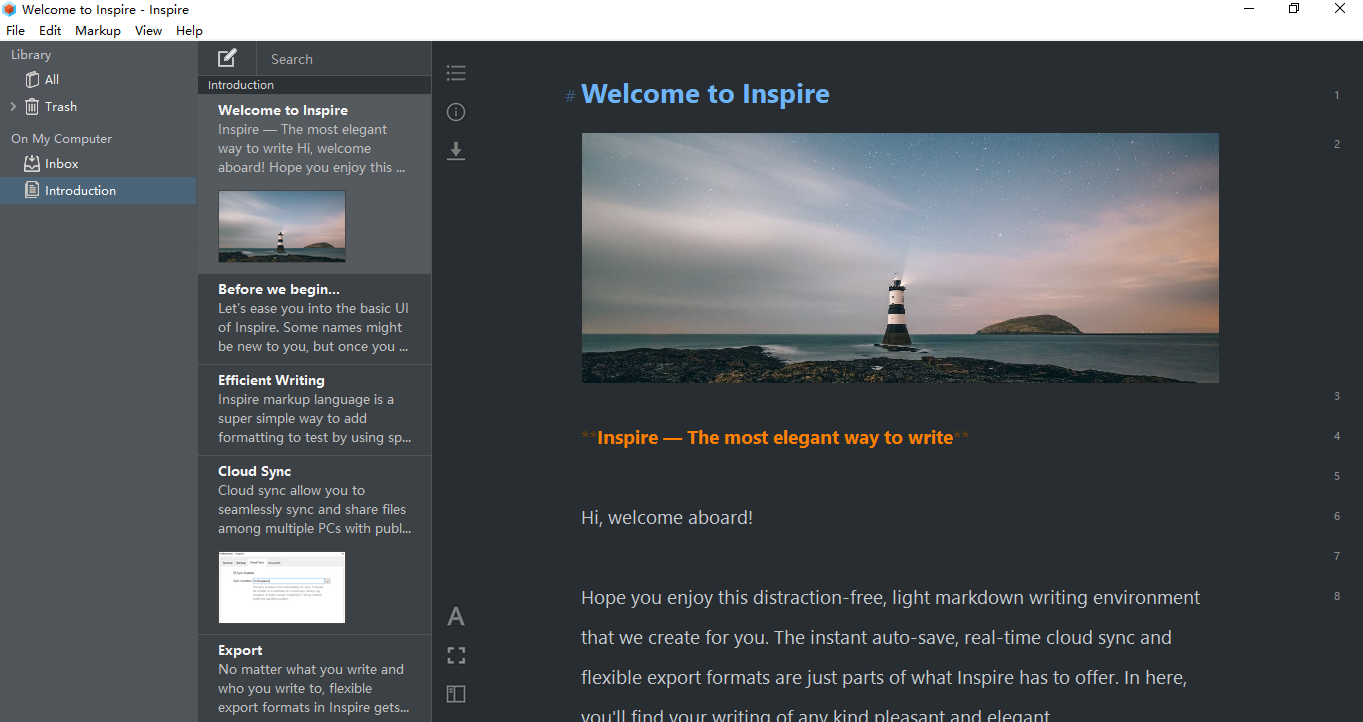 Inspire Markdown editor in Dark Mode