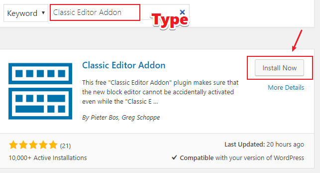Search for Classic Editor Addon to replace Gutenberg