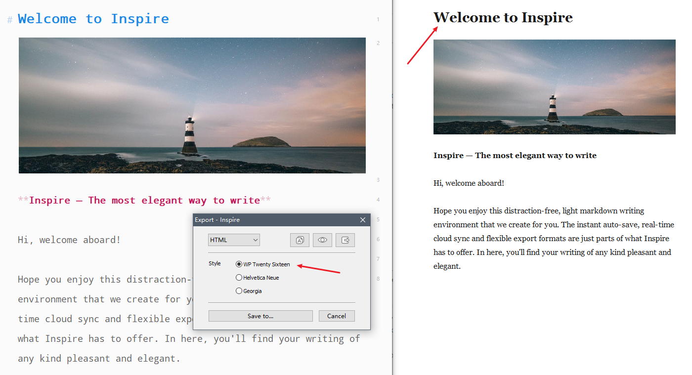 Export from Inspire Writer to a WordPress Twenty Sixteenth theme website