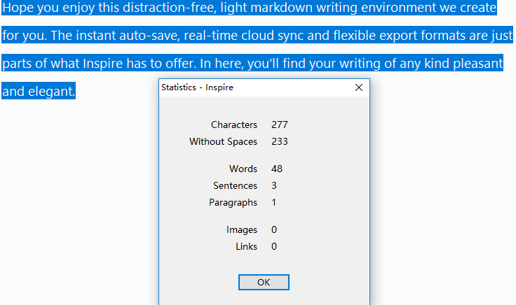 Statistics of the selected text only in Inspire. 