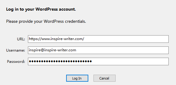 Enter your WordPress account credentials in Inspire the distraction-free writing app. 